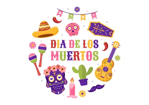 Dia De Los Muertos or Day of the Dead Template Hand Drawn Cartoon Flat Illustration Mexican Holiday Festival with Tattoo Skulls, Maracas and Sombrero