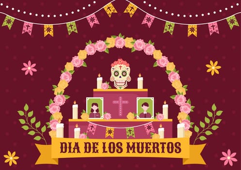 Dia De Los Muertos or Day of the Dead Template Hand Drawn Cartoon Flat Illustration Mexican Holiday Festival with Tattoo Skulls, Maracas and Sombrero