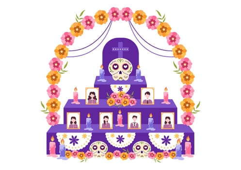 Dia De Los Muertos or Day of the Dead Template Hand Drawn Cartoon Flat Illustration Mexican Holiday Festival with Tattoo Skulls, Maracas and Sombrero