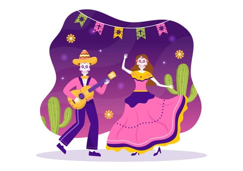 Dia De Los Muertos or Day of the Dead Template Hand Drawn Cartoon Flat Illustration Mexican Holiday Festival with Tattoo Skulls, Maracas and Sombrero
