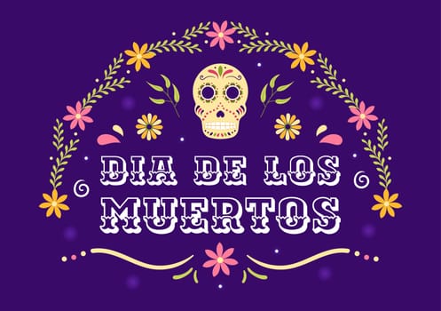 Dia De Los Muertos or Day of the Dead Template Hand Drawn Cartoon Flat Illustration Mexican Holiday Festival with Tattoo Skulls, Maracas and Sombrero