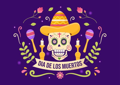 Dia De Los Muertos or Day of the Dead Template Hand Drawn Cartoon Flat Illustration Mexican Holiday Festival with Tattoo Skulls, Maracas and Sombrero