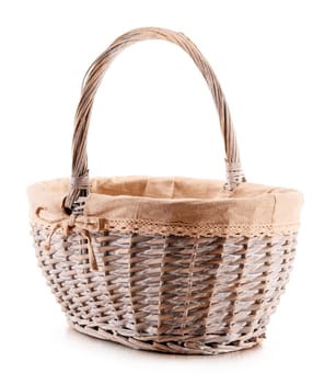 Empty wicker basket isolated on white background.