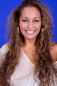 young beautiful woman, on a blue background