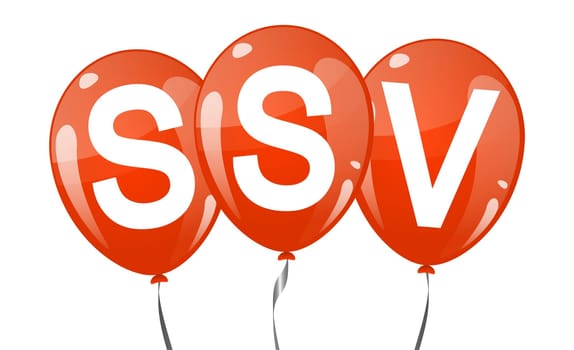 three red colored flying balloons with text SSV