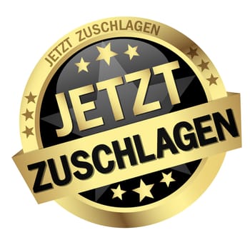 gold button with banner and text Strike Now
