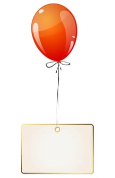 flying colored balloon with empty white golden hangtag