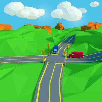 Two trucks approaching a traffic light