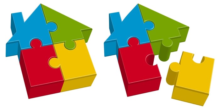 three dimensional puzzle house with four colored parts