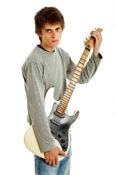 young guitar kid isolated on white background