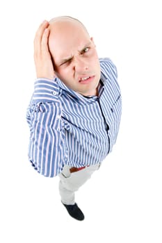 casual man full body with a headache, isolated