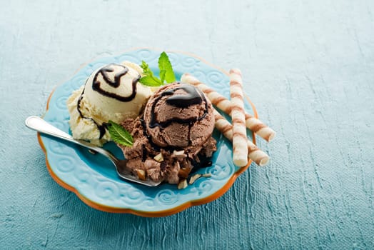 Chocolate and vanilla Ice cream on a plate