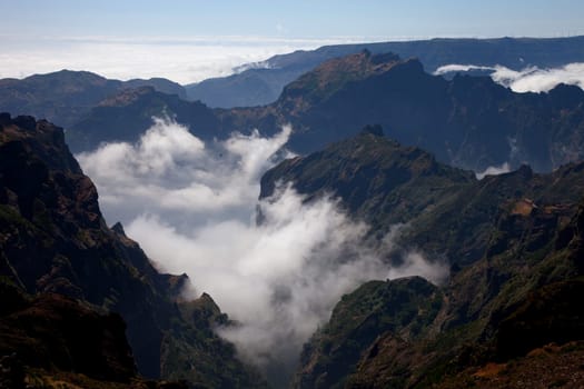Mountains of Madeira island above the clouds at Pico do Areeiro and Ruivo