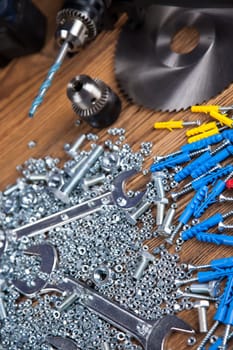 Working tools on wooden background