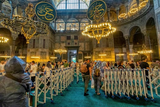 Istanbul, Turkey - August 5, 2022: Interior of ancient basilica Hagia Sophia. For almost 500 years the principal mosque of Istanbul, Aya Sofia served as model for many other Ottoman mosques