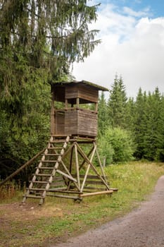 Wooden Huntsman high seat at the edge of the forest in front of a meadow with green background