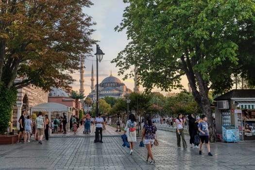 Istanbul, Turkey - August 5, 2022: View of people resting in Sultan Ahmed Blue Mosque park Istanbul, Turkey