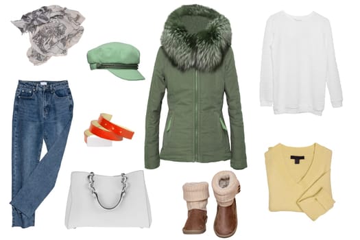 Collage woman clothes. Set of stylish and trendy women jacket, sweater or blouses, jeans, shoes and accessories isolated on a white background. Latest fashion trends.