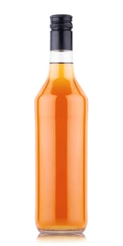 front view closeup of brandy cognac 500 ml bottle with no label and black pilfer cap isolated on white background