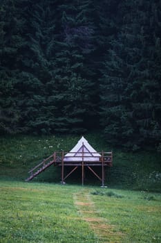 front view of secluded glamping tent on wooden deck in green meadow surrounded by fir tree forest