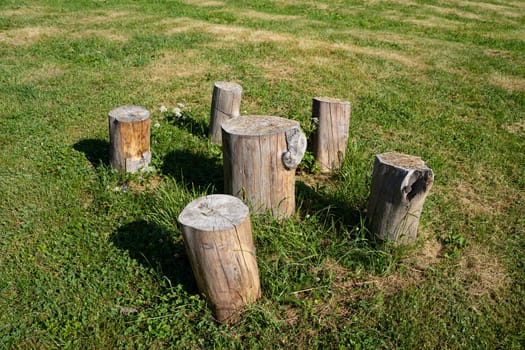 top view closeup of sitting wooden logs trunk with chairs and outside eating table in green grass outdoor camping meadow