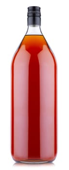 front view closeup of oversized two liter brandy cognac large bottle with no label and black pilfer cap isolated on white background