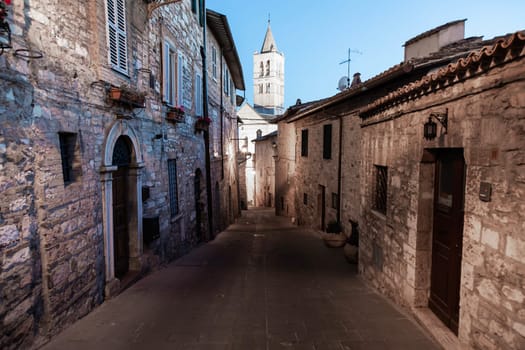 Assisi village in Umbria region, Italy. The town is famous for the most important Italian St. Francis Basilica (Basilica di San Francesco)