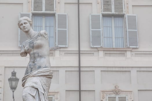 Turin, Italy - Circa January 2022: Venus de Milo with tattoos by Fabio Viale. White marble and coloured ink