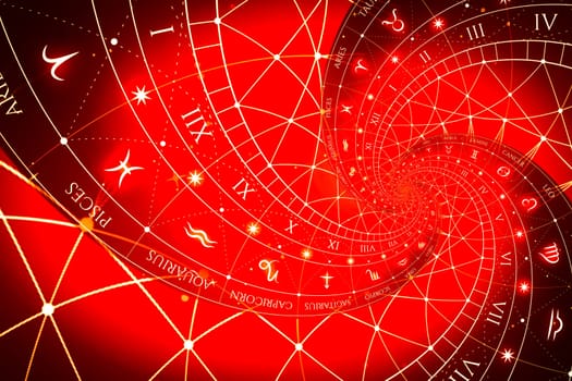Zodiac Signs Horoscope background. Concept for fantasy and mystery - red