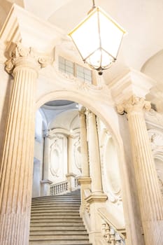 Turin, Italy - Circa January 2022: luxury marble staircase. Antique architecture interior design