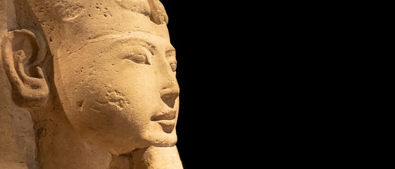 Turin, Italy - Circa July 2021: Egyptian archaeology. Ancient Sphinx in sandstone representing the pharaoh, copy space