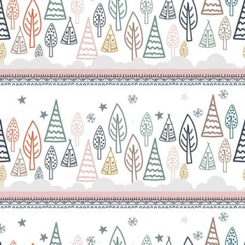 Seamless digital paper for children's room. Wallpaper or children's textile design. Forest and mountains on a white background.