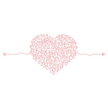 Heart Chaotic Doodle. Thread Clew Knot. Insane Messy Line. Complicated Clew Way. Tangled Cribble Path. Difficult Process.