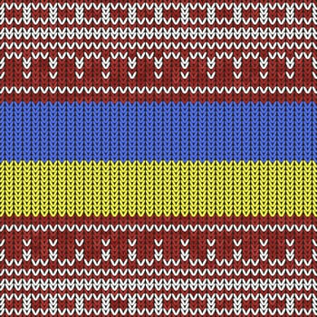 Ukraine Colored Flag Sign on Dark Background. Ukrainian Peace Symbol. Blue Yellow Red Knitted Texture. Stylish Knit. Woolen Print. Fabric Pattern.
