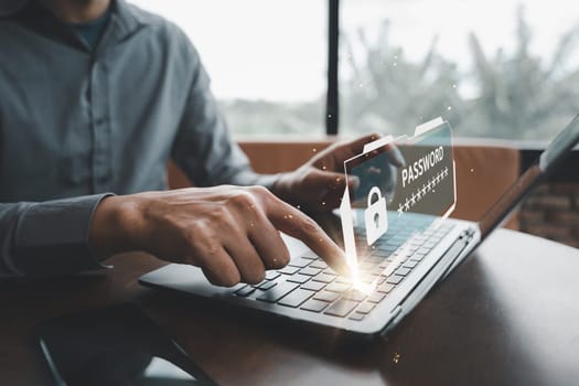 Password login on computer laptop cyber security website with lock icon, hands of business man login before use computer with digital data protection, technology security password to online access
