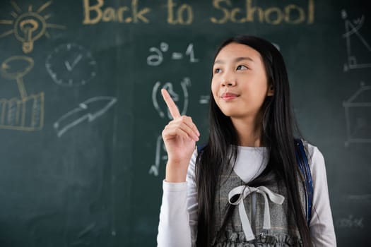 Education Back to school concept. Asian school girl in uniform with backpack on classroom pointing up finger on blackboard, primary child is standing front of class in school thinking of great ideas