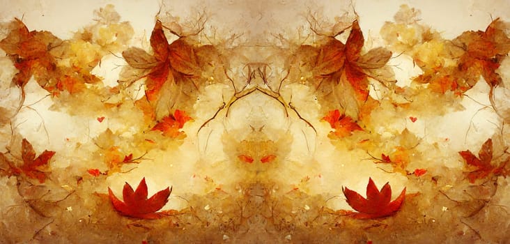 Illustration of autumn leaves background, fall season foliage with golden, brown and red colors
