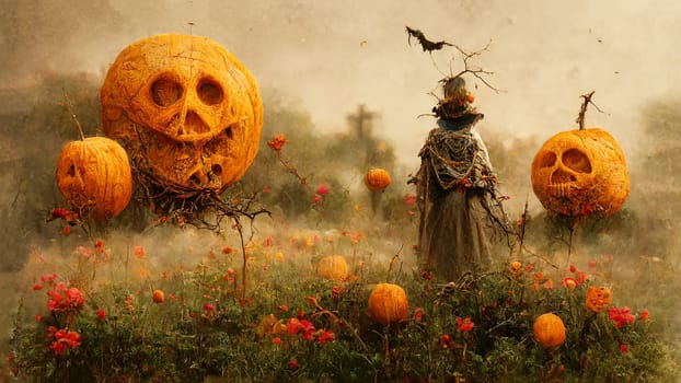 Halloween greeting card with pumkins and mysterious trees, dark and scary night in autumn, illustration
