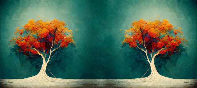 Trees with autumn colored foliage in the fall season, dark cloudy sky, illustration