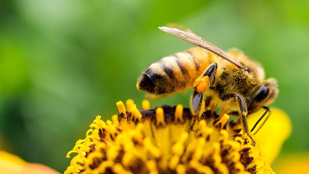 Honey bee on a flower collecting nectar. Macro shot in summer sunshine