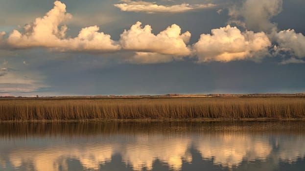 The Bodden landscape of Zingst with dramatic sky and reflection in the water. colorful sight. a beautiful vacation place
