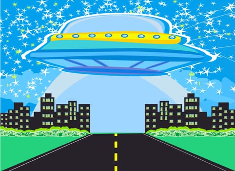 UFO spaceship and big night city