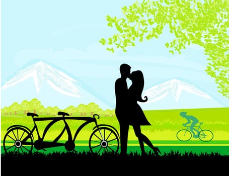 sillhouette of sweet young couple in love standing in the park