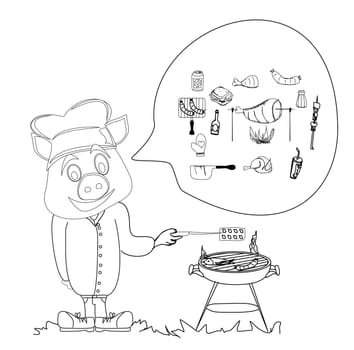 Cartoon pig having a BBQ.