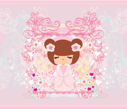 Kokeshi doll on the pink background with floral ornament