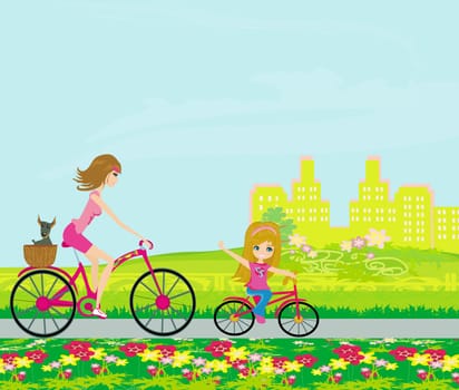 Mother and daughter biking