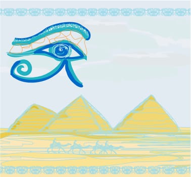 Egypt symbols and Pyramids - Traditional Horus Eye symbol and camel silhouette in front