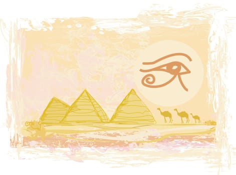 Egypt symbols and Pyramids - Traditional Horus Eye symbol and camel silhouette in front
