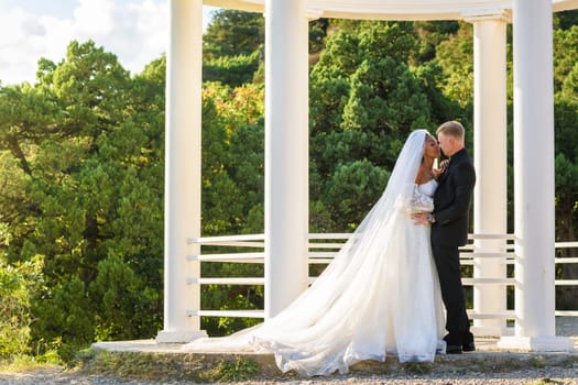 Portrait of mixed-racial newlyweds against the background of a gazebo with round columns, a girl in a lush white dress