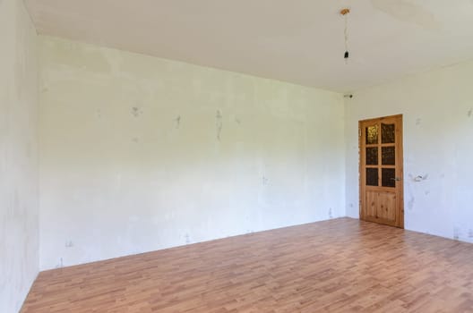 A fragment of the interior of a room with a fine finish, a view of the front door and an empty wall